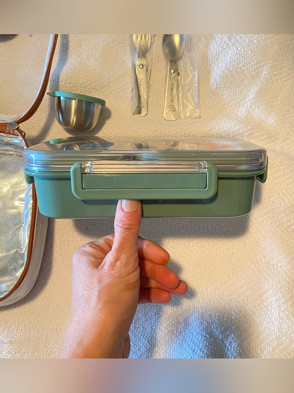 NWOT Lunchbox Insulated with Top Straps, Stainless Steel Utensils - Picture 7 of 13